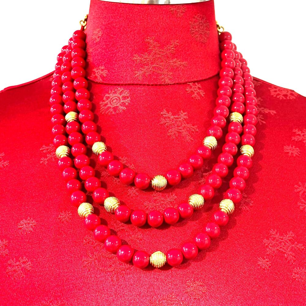 Talbots multi strand beaded necklace smooth red & textured gold beads luxury